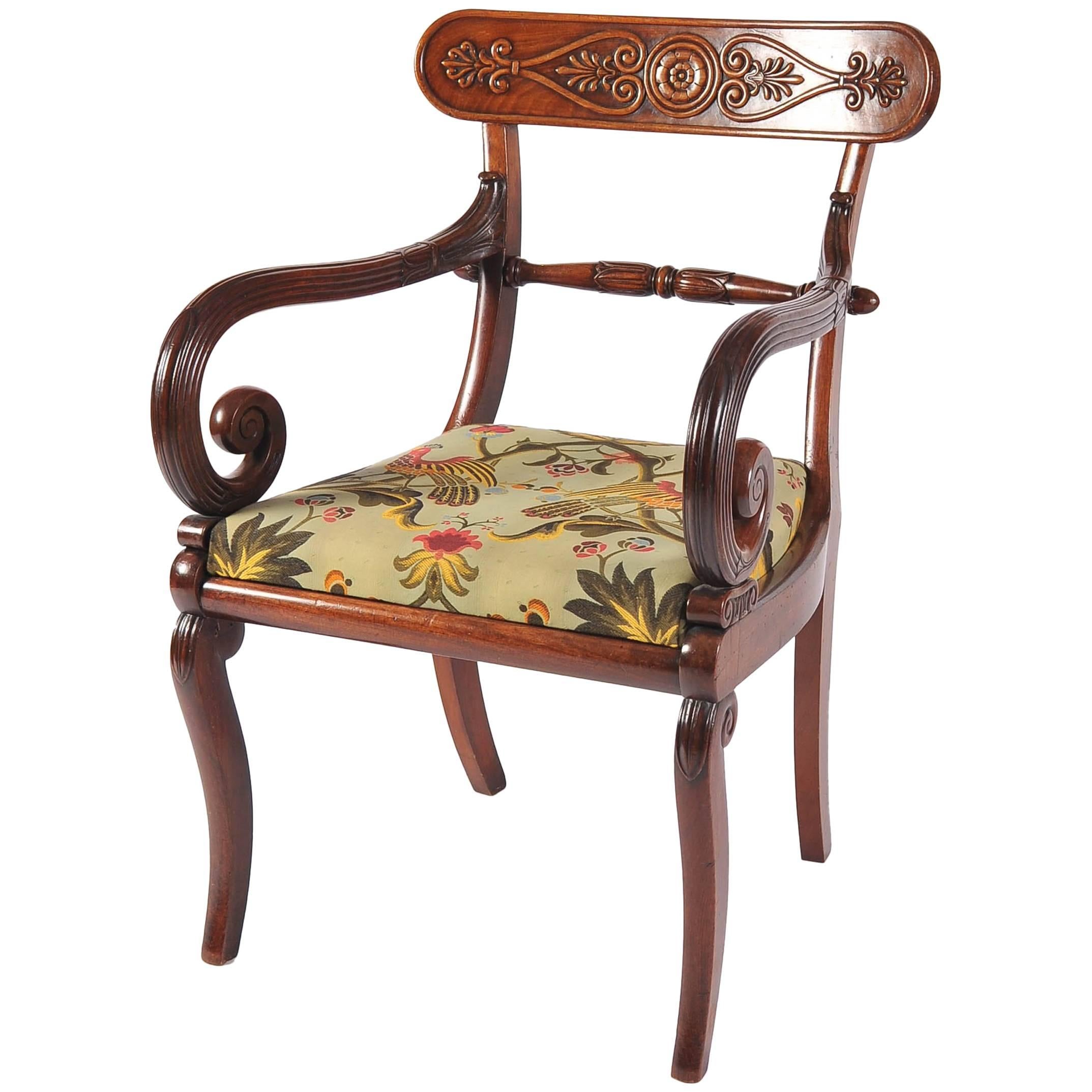 Mahogany Desk Chair, French Empire Period, Cabriole Legs, Early 19th Century For Sale