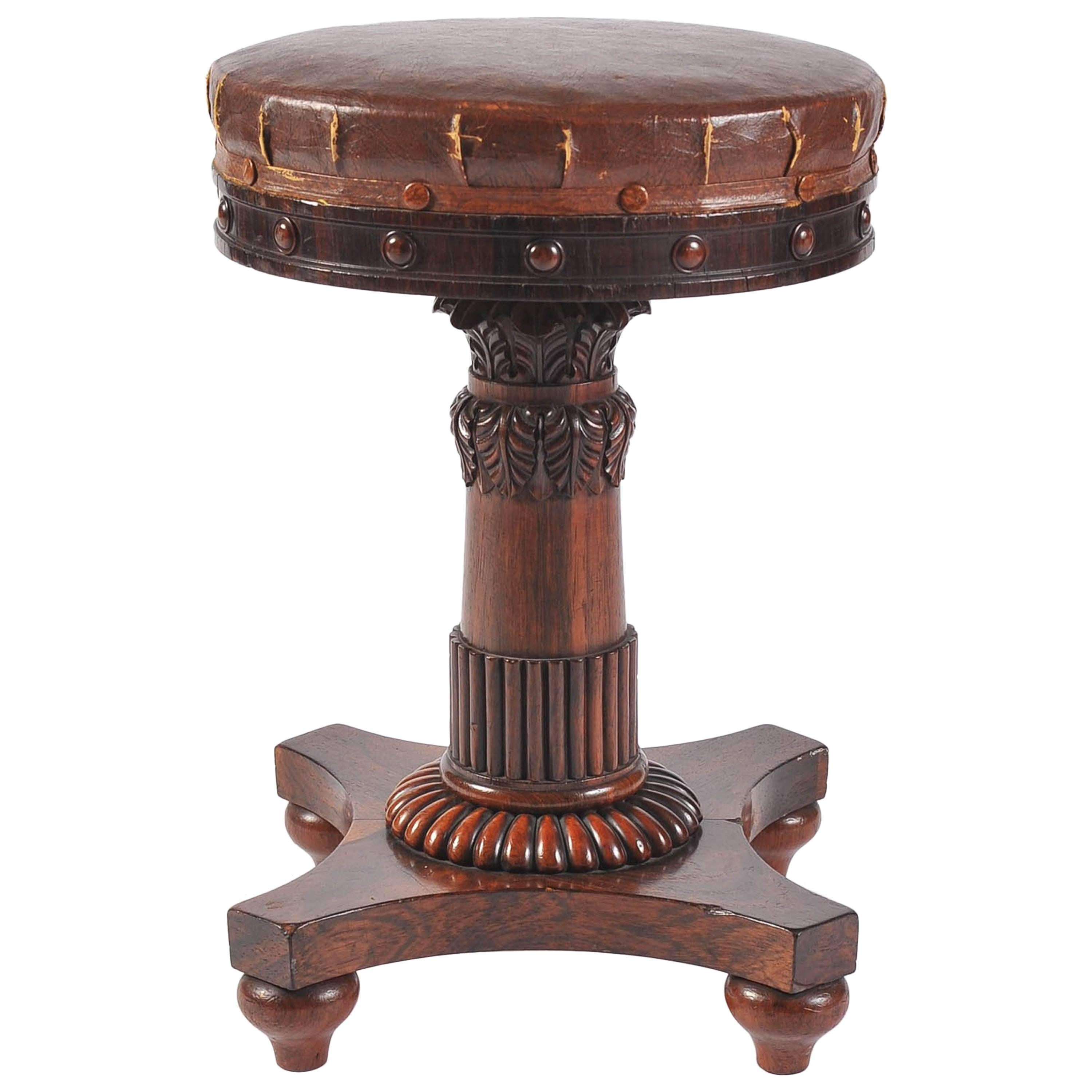 19th Century Music Stool, Regency Period, Carved Rosewood and Steel For Sale
