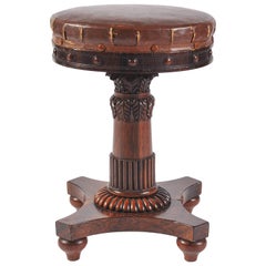 Antique 19th Century Music Stool, Regency Period, Carved Rosewood and Steel