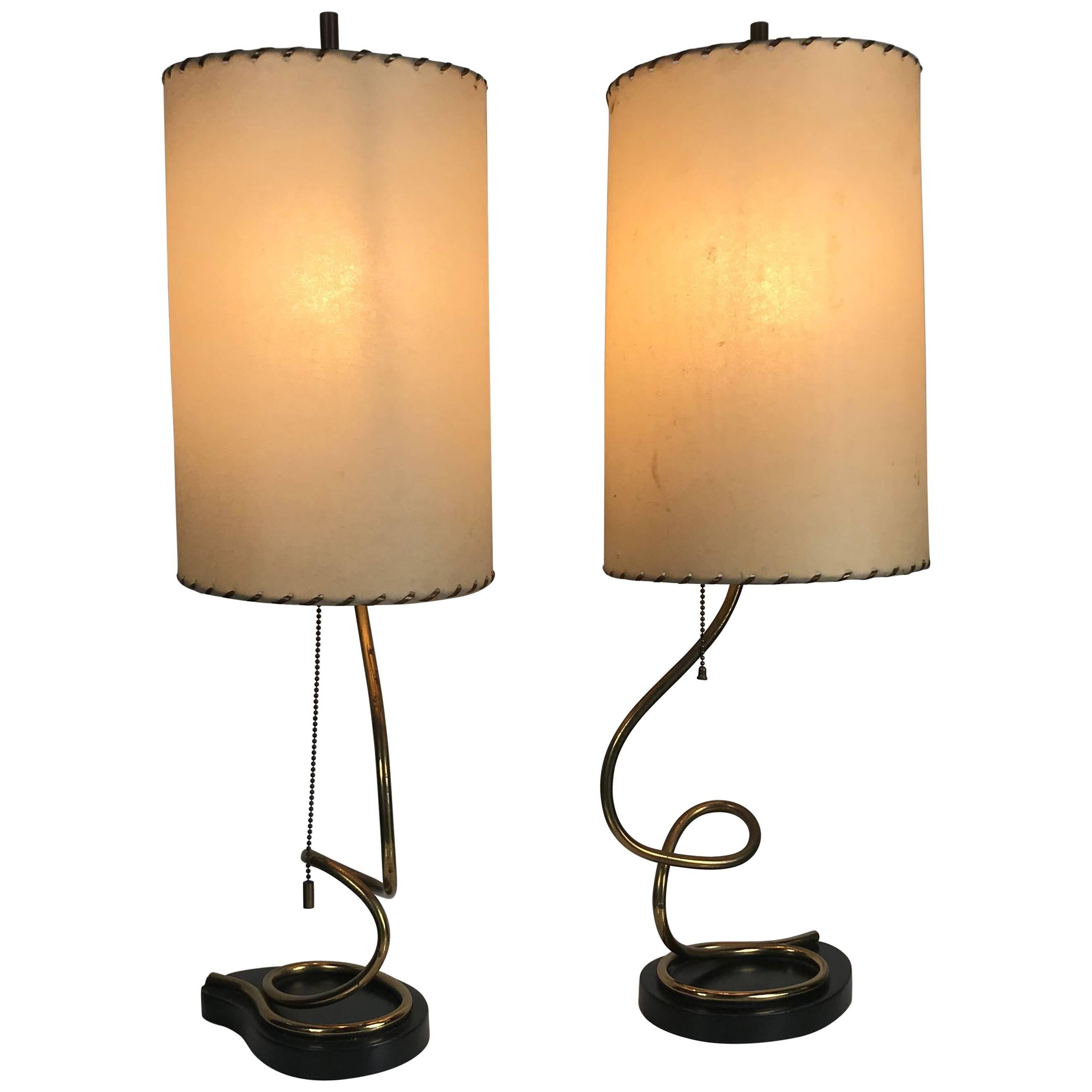 Unusual Pair of Majestic Brass, Metal and Parchment Table Lamps