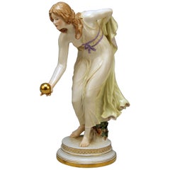 Meissen Art Nouveau Girl Playing Bowls by Walter Schott, circa 1900