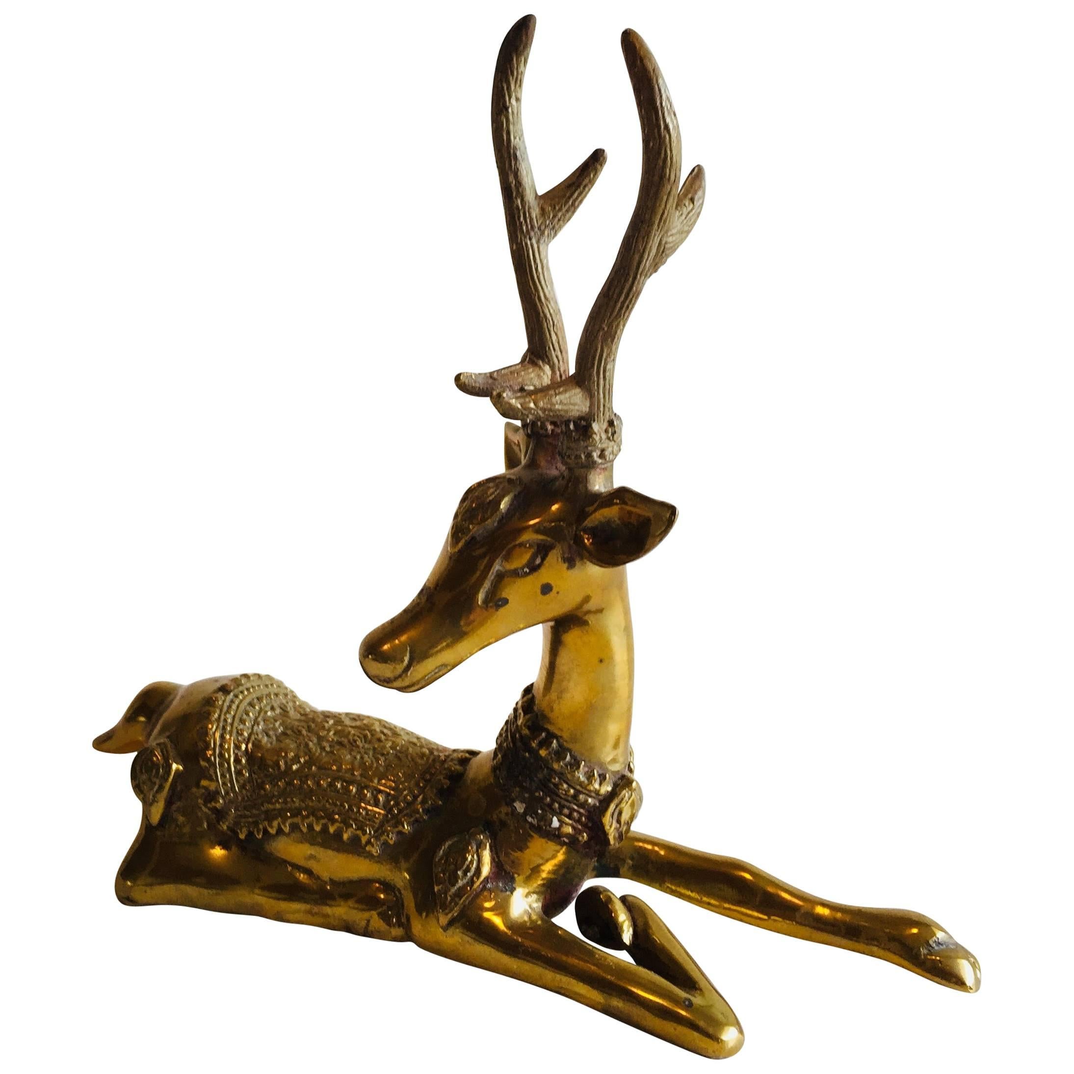 1960s Solid Brass Sarried-Style Sitting Deer Sculpture For Sale