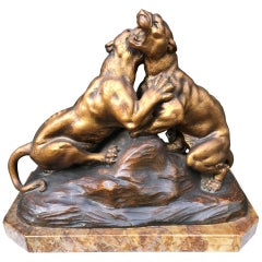 Early 1900 Terracotta Sculpture of Fighting Panthers on a Marble Base by Fagotto