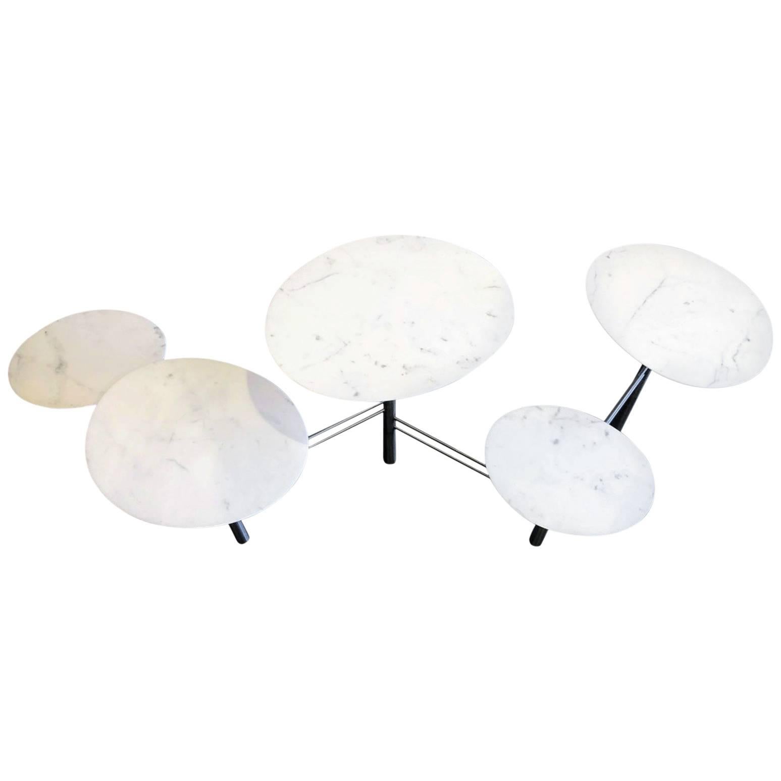 Nada Debs Modern Pebble Coffee Table, 5 White Marble Tops, Stainless Steel Legs For Sale