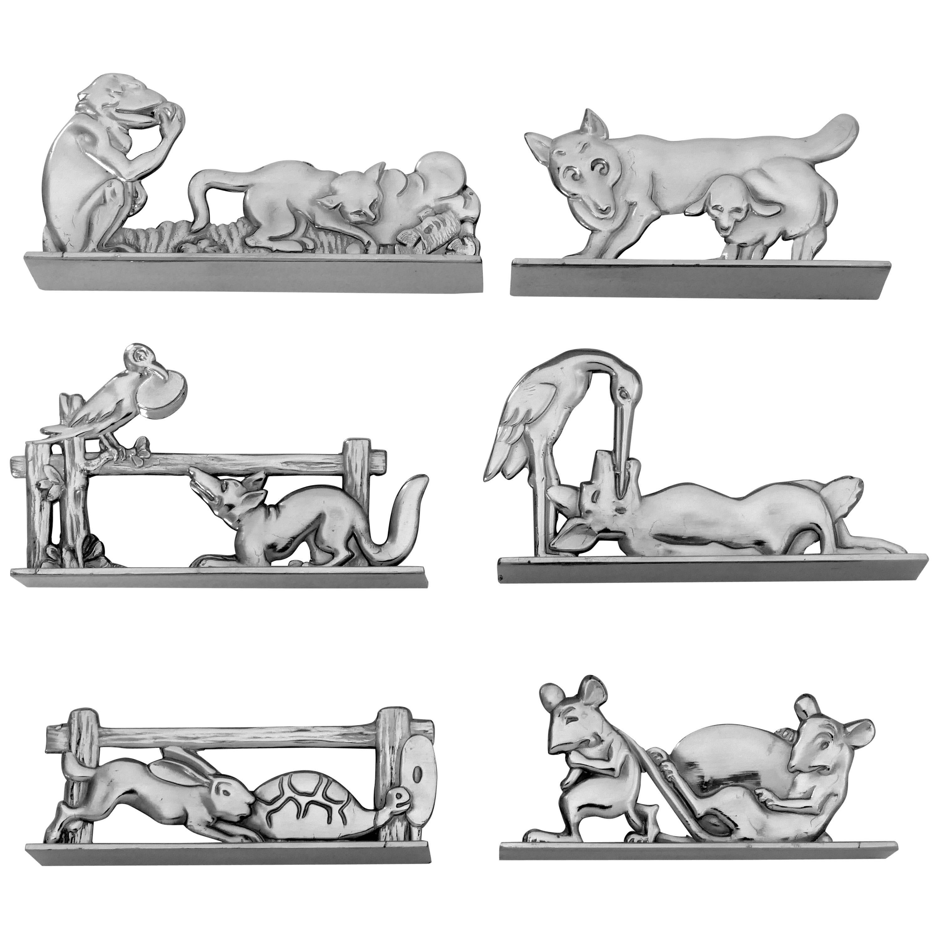 Benjamin Rabier Signed Rare Silver Knife Rests Six-Piece, La Fontaine's Fables For Sale