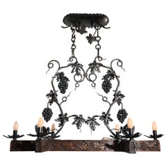 Stunning & Horizontal Wrought Iron Chandelier with Grapes & Hand-Carved Branches