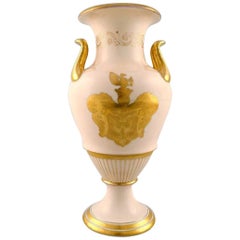 Große Vase von B&G, Bing & Grondahl in Rosa mit Goldgriffen, früher Stempel