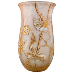Art Nouveau Cameo Vase of Glass, Adorned with Flower Ornament in Relief