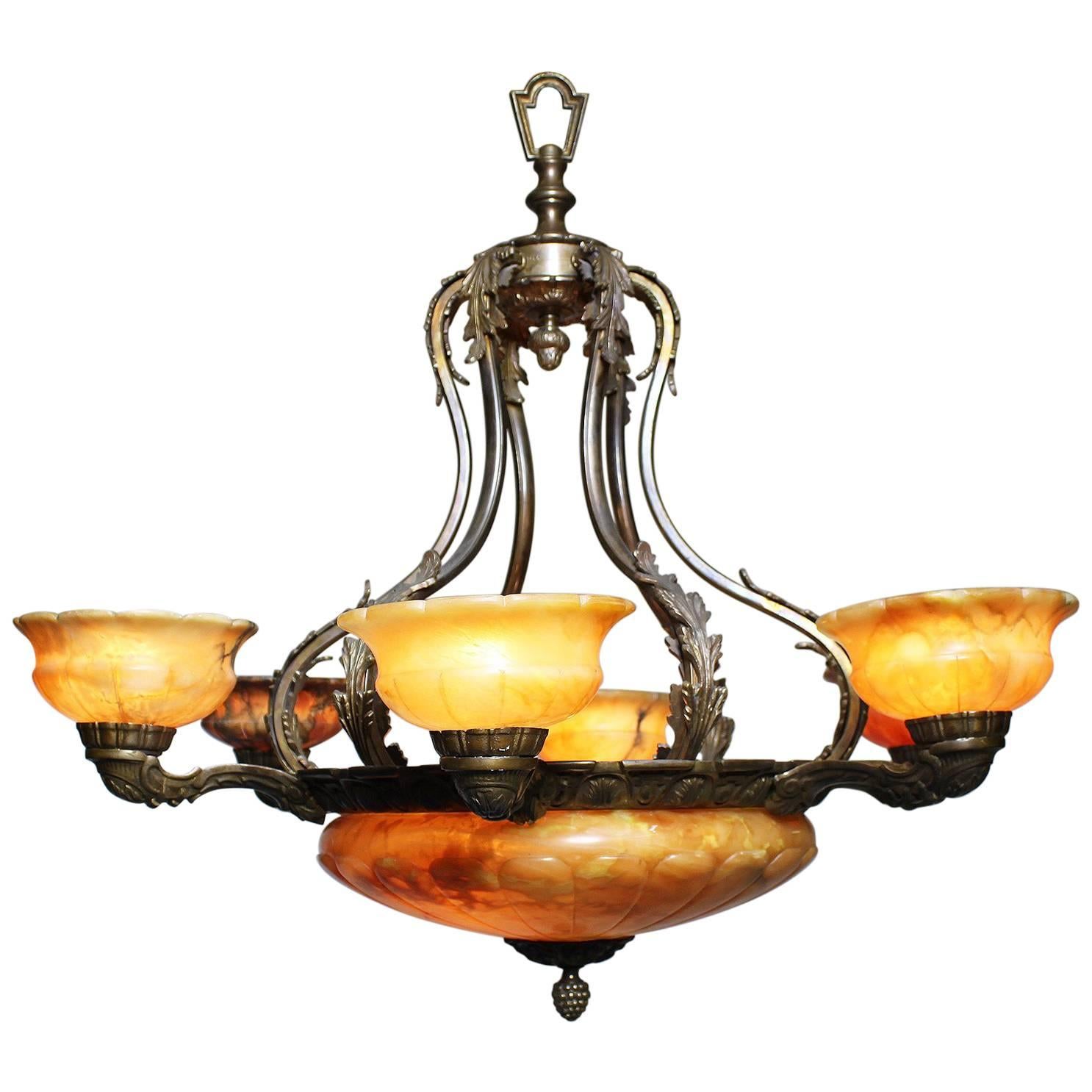 French 20th Century Art Deco Silvered Bronze and Alabaster Six-Light Chandelier For Sale