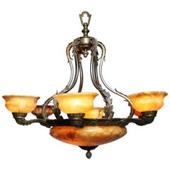 Antique French 20th Century Art Deco Silvered Bronze and Alabaster Six-Light Chandelier