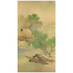 Vintage Japan Old Hand-Painted Scroll Waterside Minka Farmhouse Brilliant Green Trees