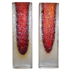 1950 Italian Pair of Organic Crystal, Yellow & Red Murano Art Glass Flower Vases