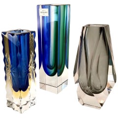 Italian 1950s Set of Three Gray, Blue Green, Blue Yellow Murano Glass Vases