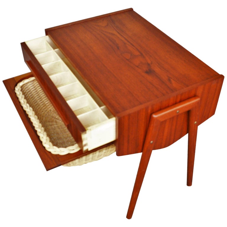 Danish Teak Atomic Style Side Table with Segmented Drawer and Basket at