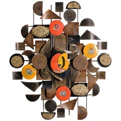 Brass and Enamel Abstract Brutalist Wall Sculpture