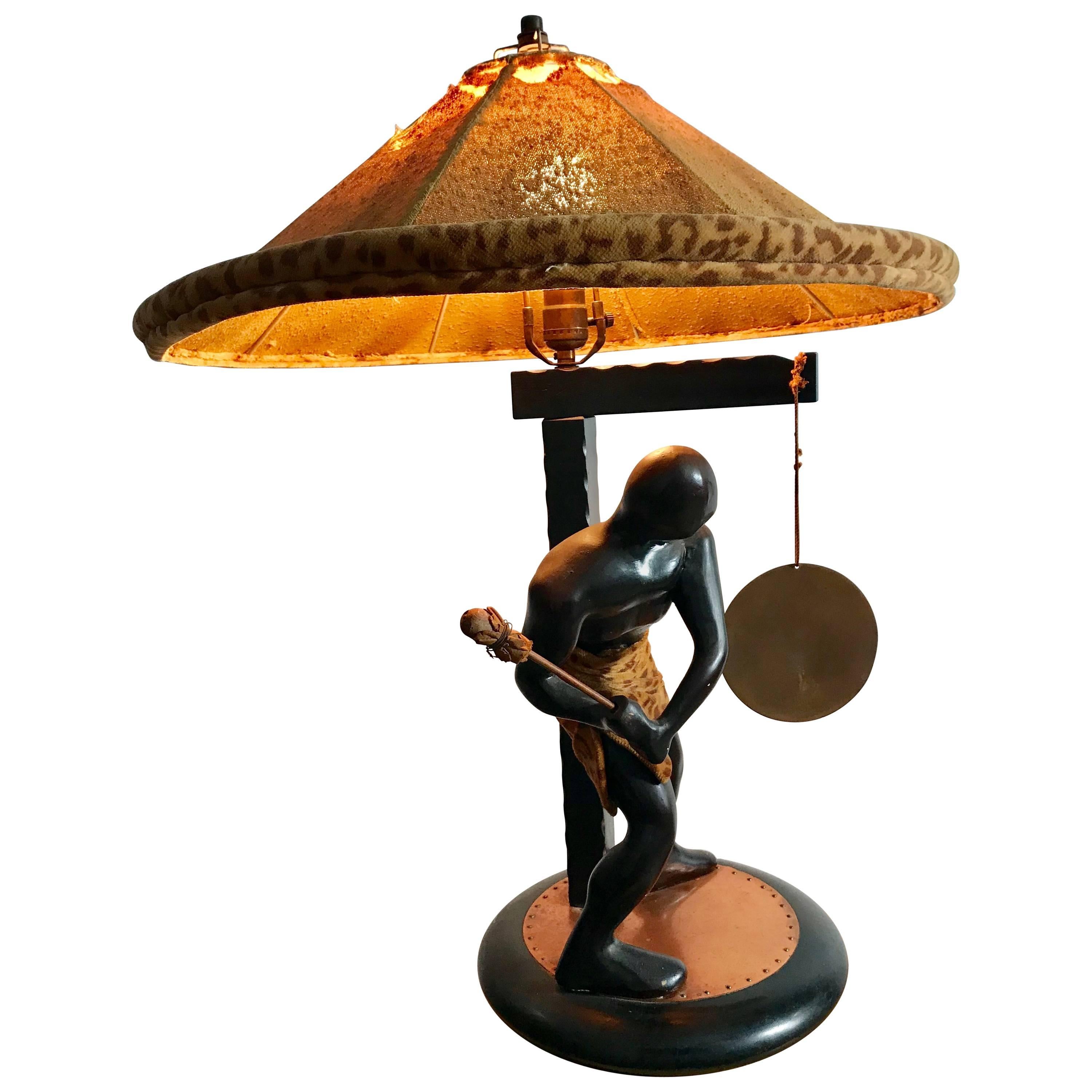 Rare Mid-Century Modern Table Lamp, Nubian Man Hitting Gong, Moss Lamp Co