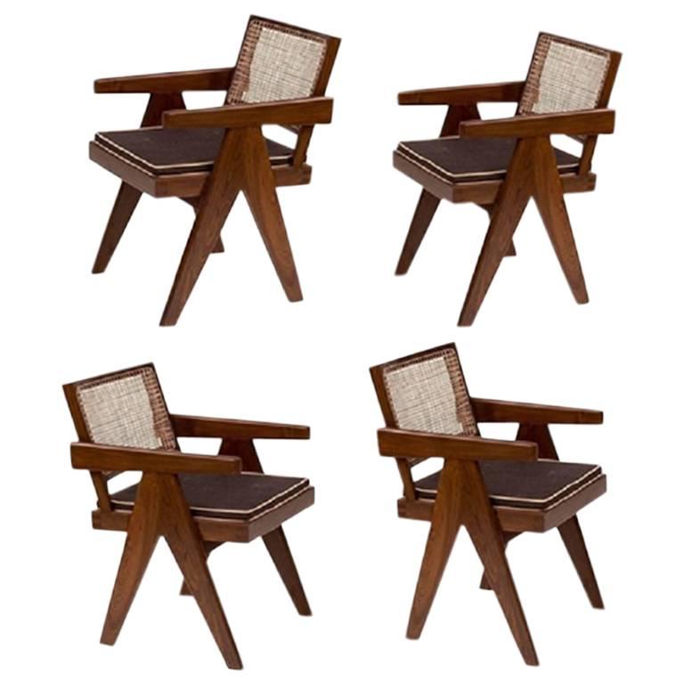Pierre Jeanneret Teak Four Office Cane Armchairs for Chandigarh, India, 1950s