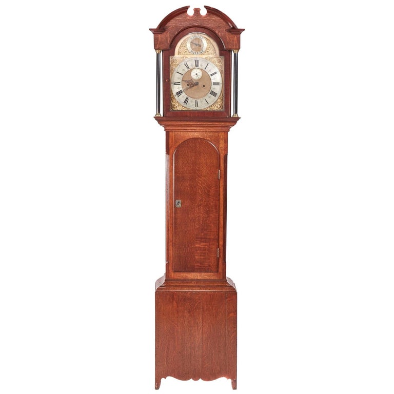Antique Oak Brass Face 8 Day Grandfather Clock For Sale at 1stdibs