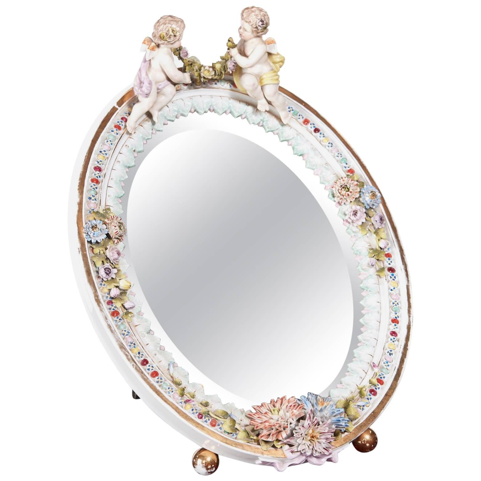 Large Antique Continental Porcelain Easel Mirror For Sale