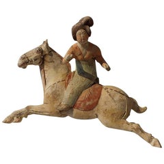 Antique Painted Red Pottery Female Polo Player Astride a Galloping Pony