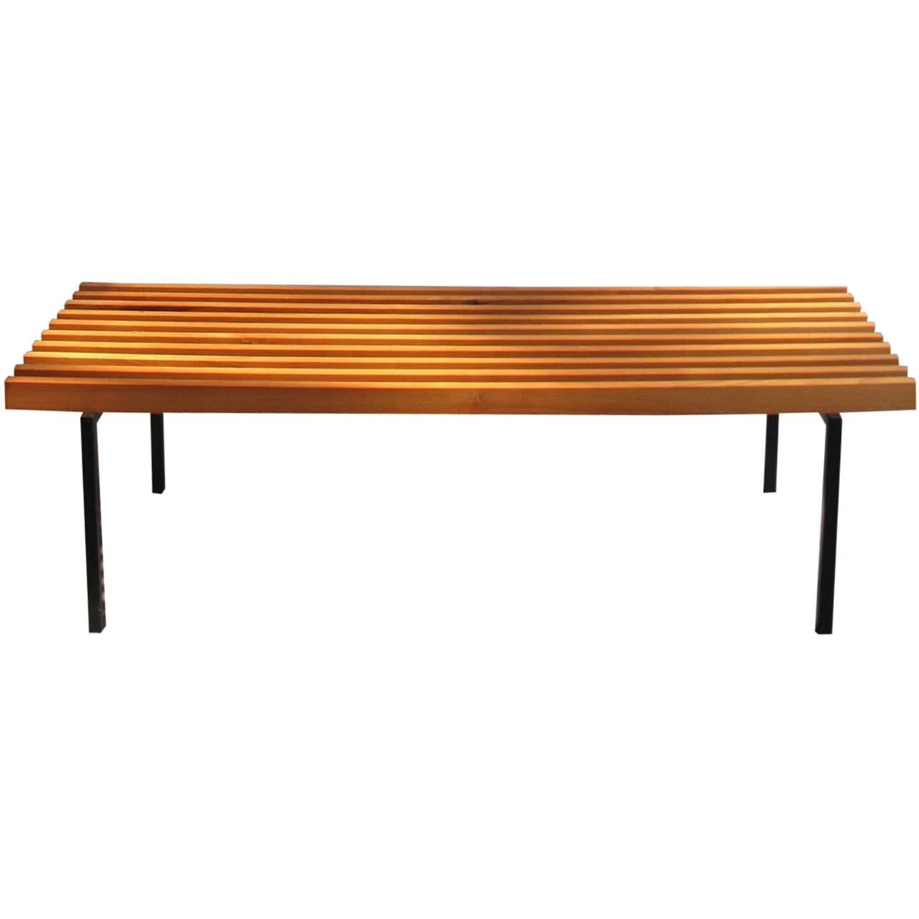 Sherry Wood Bars in a Black Lacquered Metal Base Bench For Sale