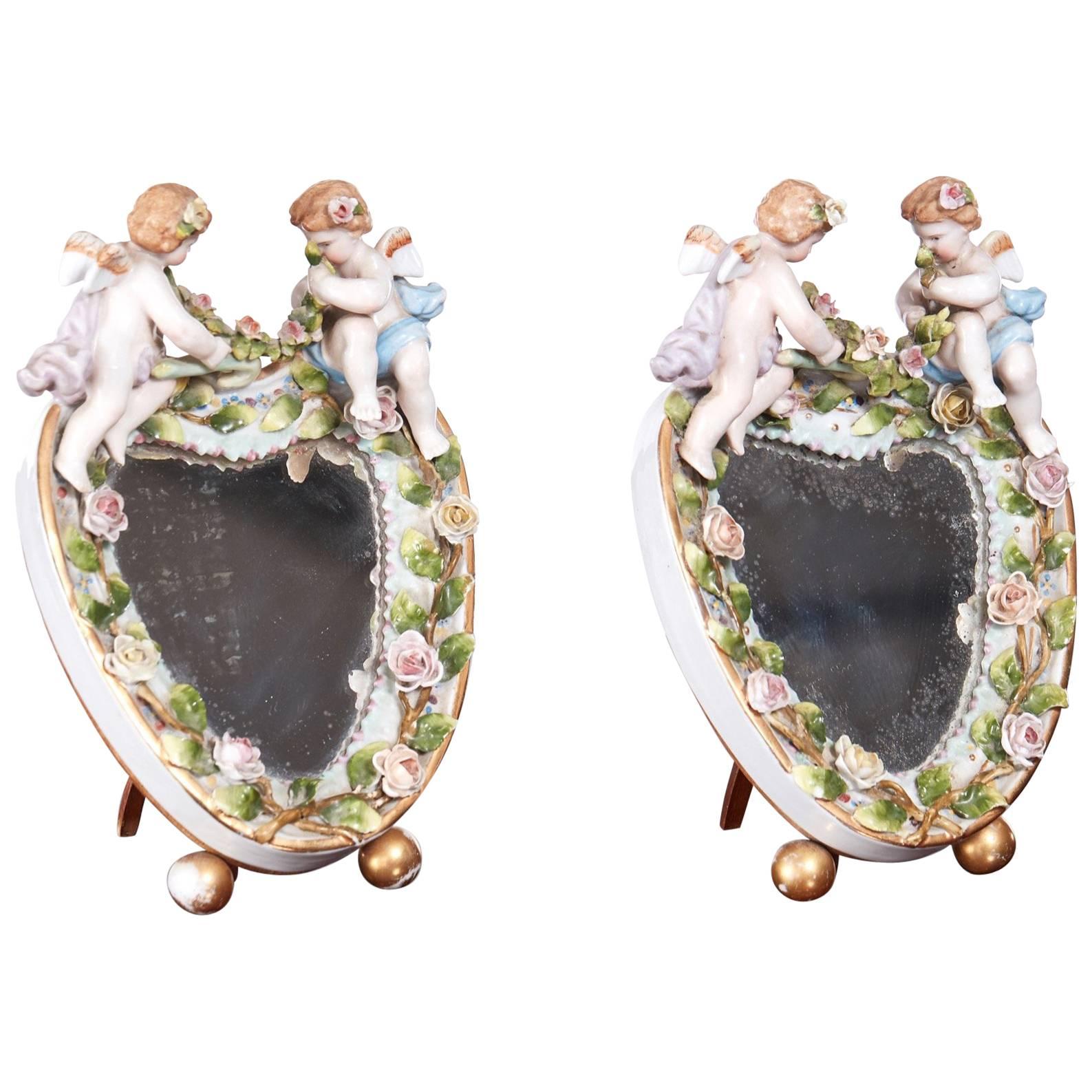 Pair of Antique Continental Porcelain Heart Shaped Mirrors For Sale