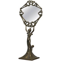 Lovely Antique Français Bronzed Neoclassical Free Stand Mirror Lady with Children