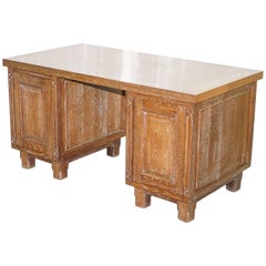 Art Deco Limed Oak Double-Sided Twin Pedestal Partner Desk Cupboards Both Sides