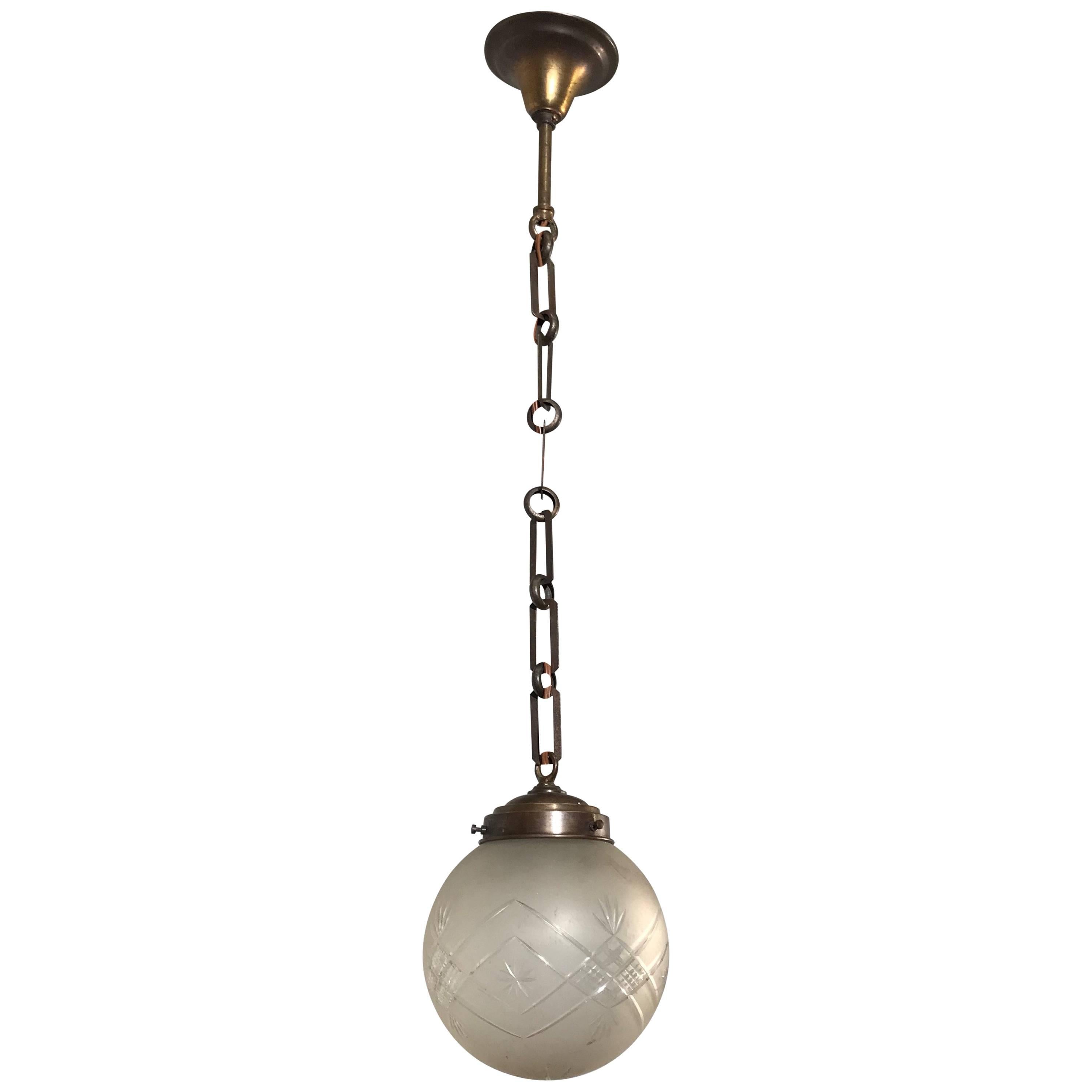Early 20th Century Brass and Hand-Cut Glass Globe Small Pendant Light Fixture
