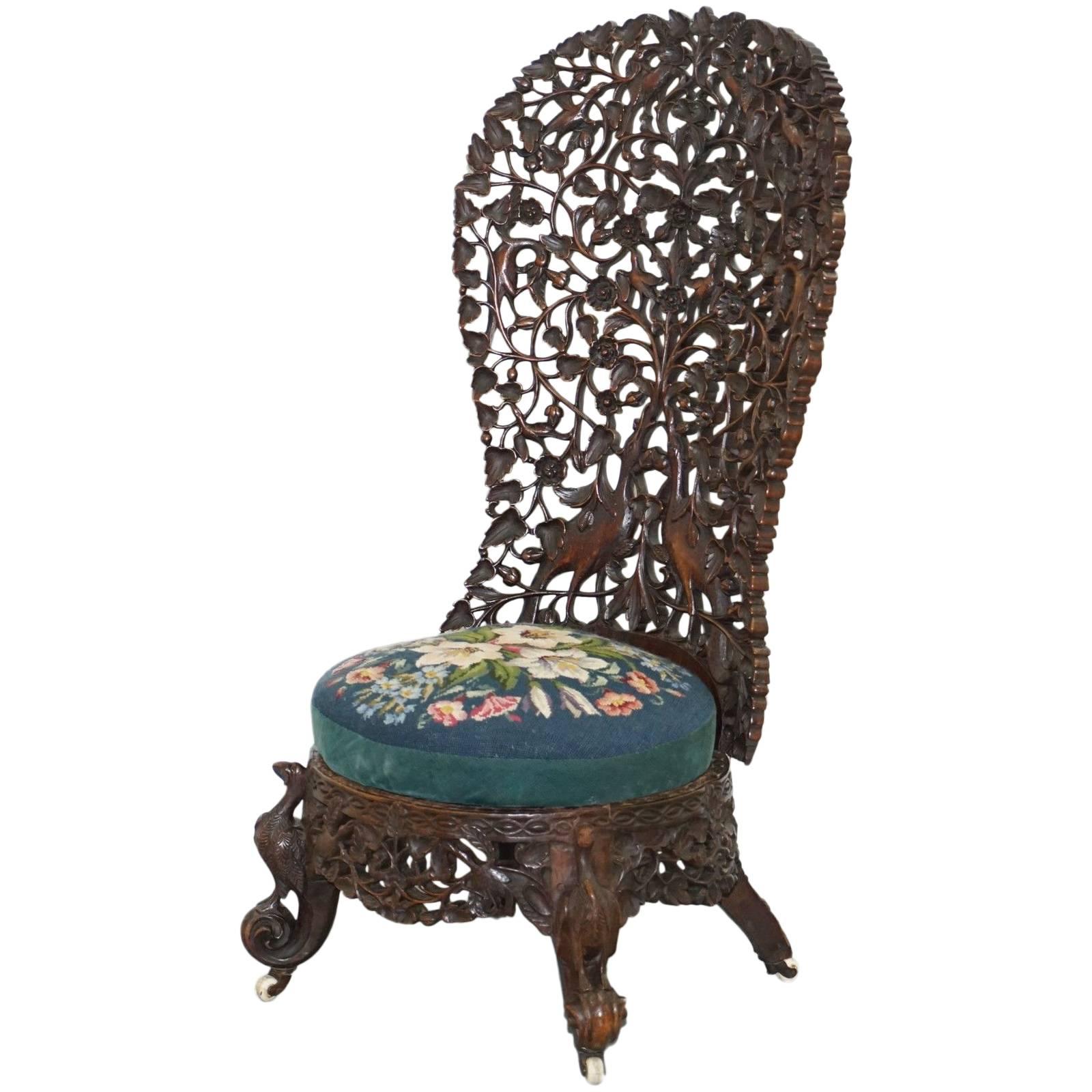 Stunning 19th Century Burmese Hand-Carved Nursing Chair Birds & Flowers All over