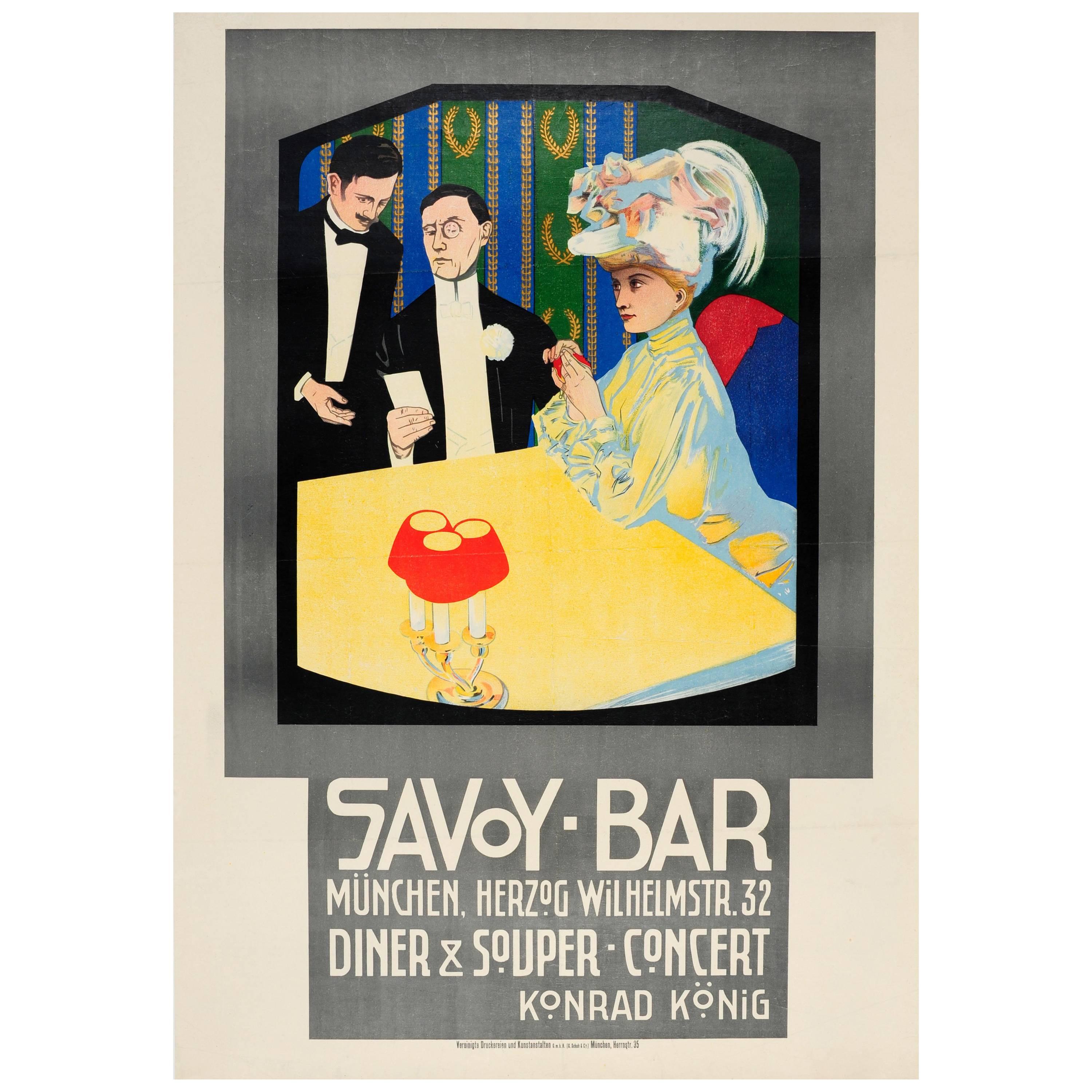 Original Antique Poster for a Dinner Concert at the Savoy Bar Munchen / Munich