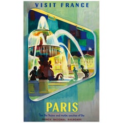 Affiche vintage d'origine de voyage de la SNCF, Chemins de fer nationaux français, Visitez la France, Paris