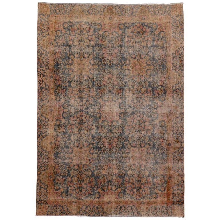 Distressed Vintage Persian Kerman Rug with Traditional English Rustic