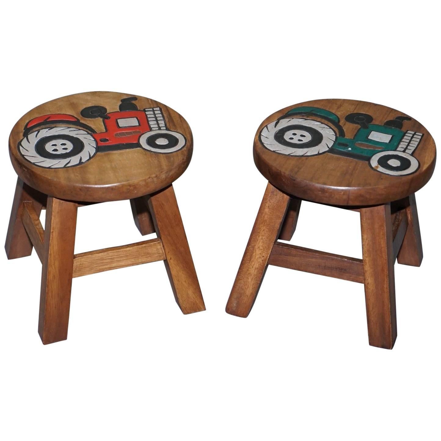 Lovely Pair of Toddlers Children's Solid Wood Stools with Little Tractors on