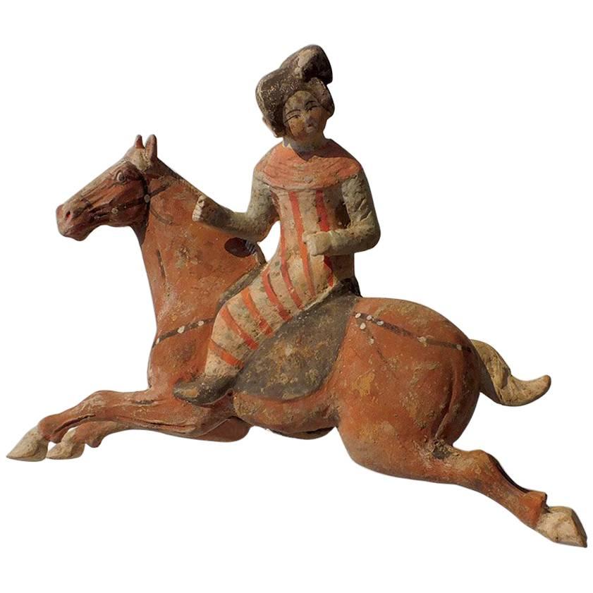 Painted Red Pottery Female Polo Player Astride a Galloping Horse