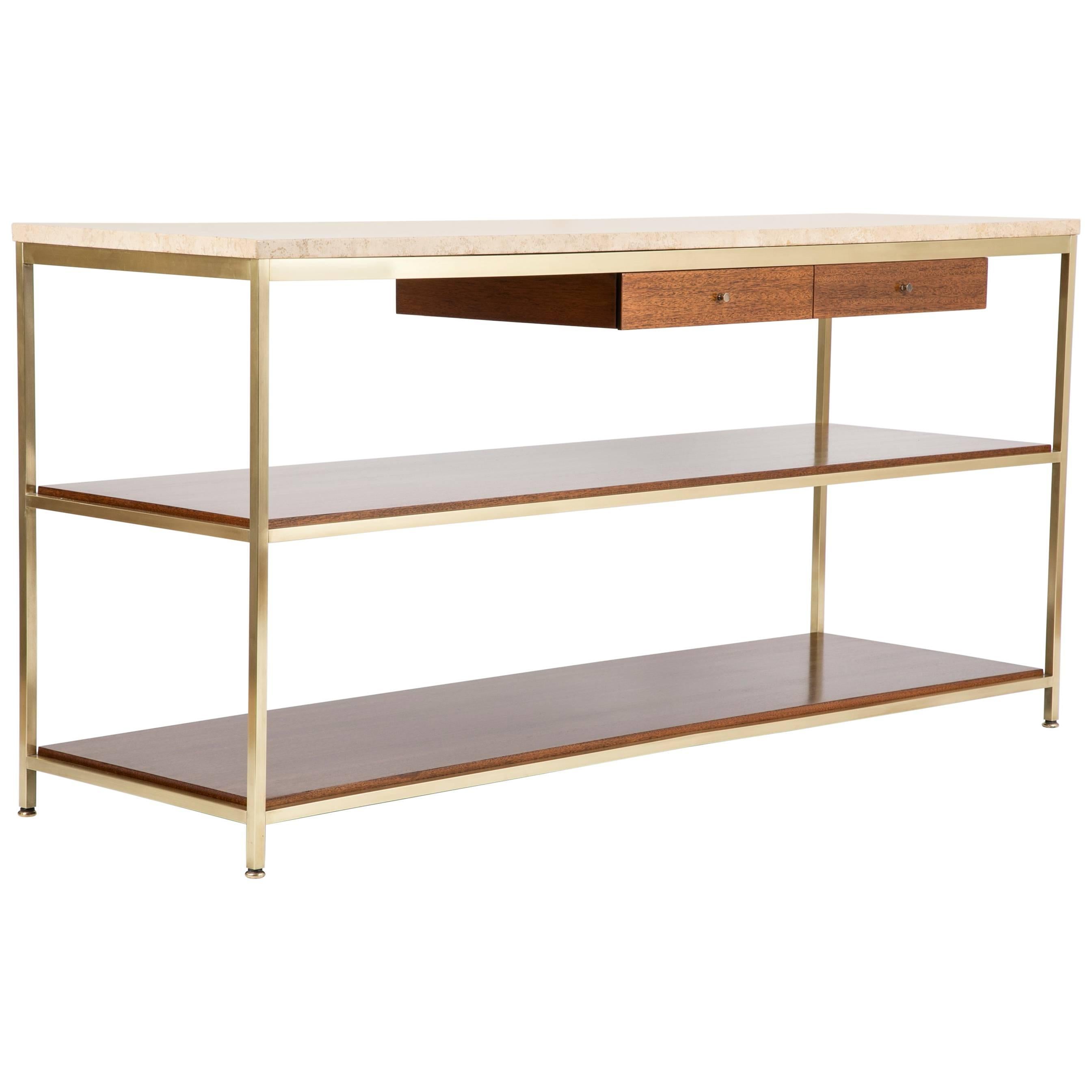 Midcentury Brass and Travertine Marble-Top Console Designed by Paul McCobb