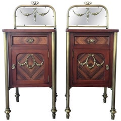 Pair of Marquetry Art Deco Nightstands with Glass Crest and Bronze Legs