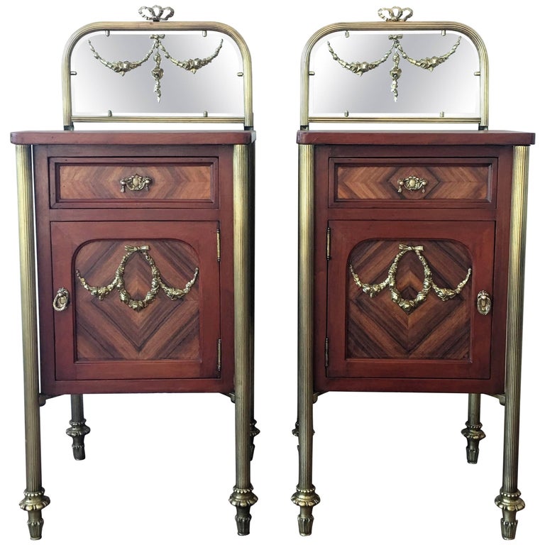 Pair of Marquetry Art Deco Nightstands with Glass Crest and Bronze Legs