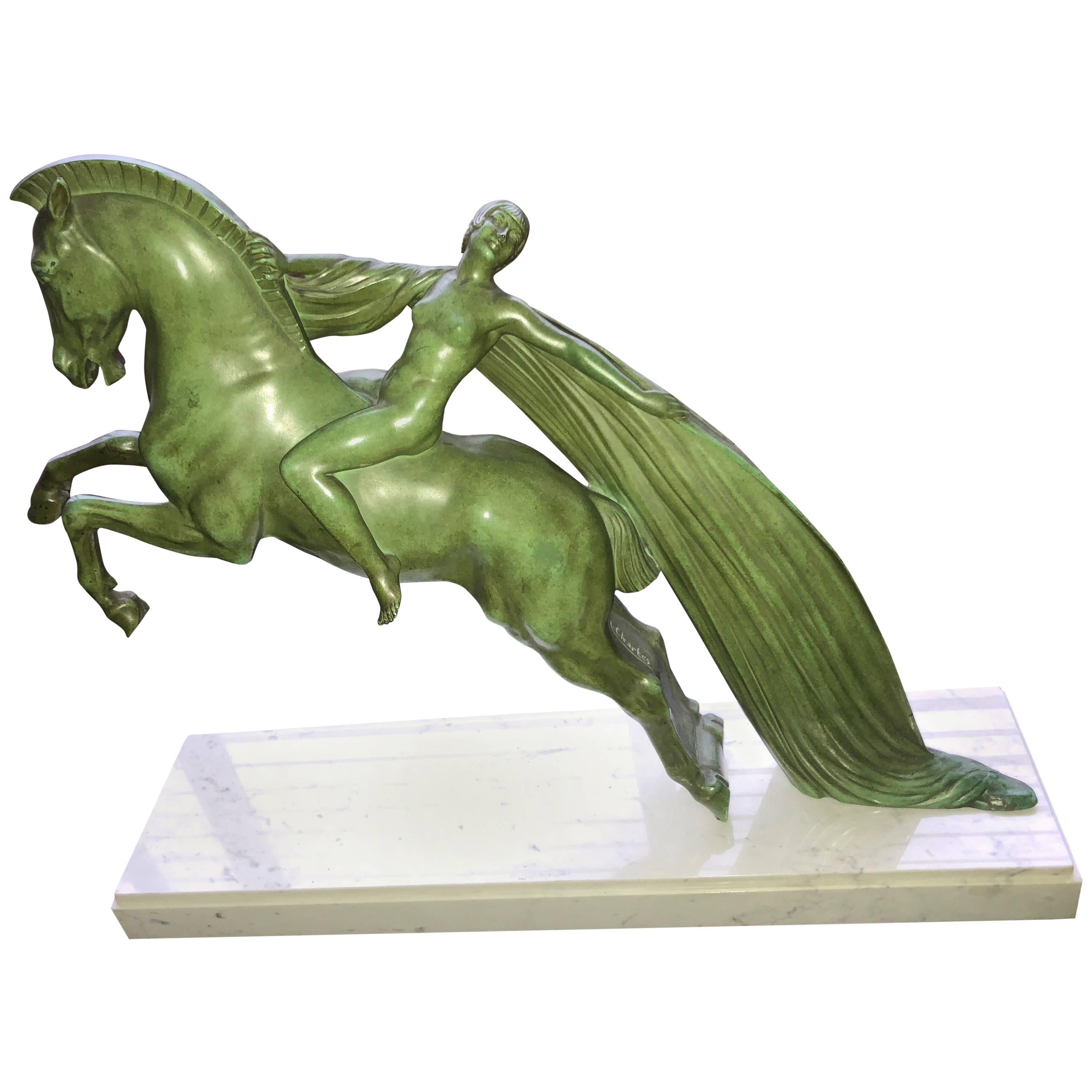 Art Deco Sculpture of Woman on a Horse by Charles from Le Verrier