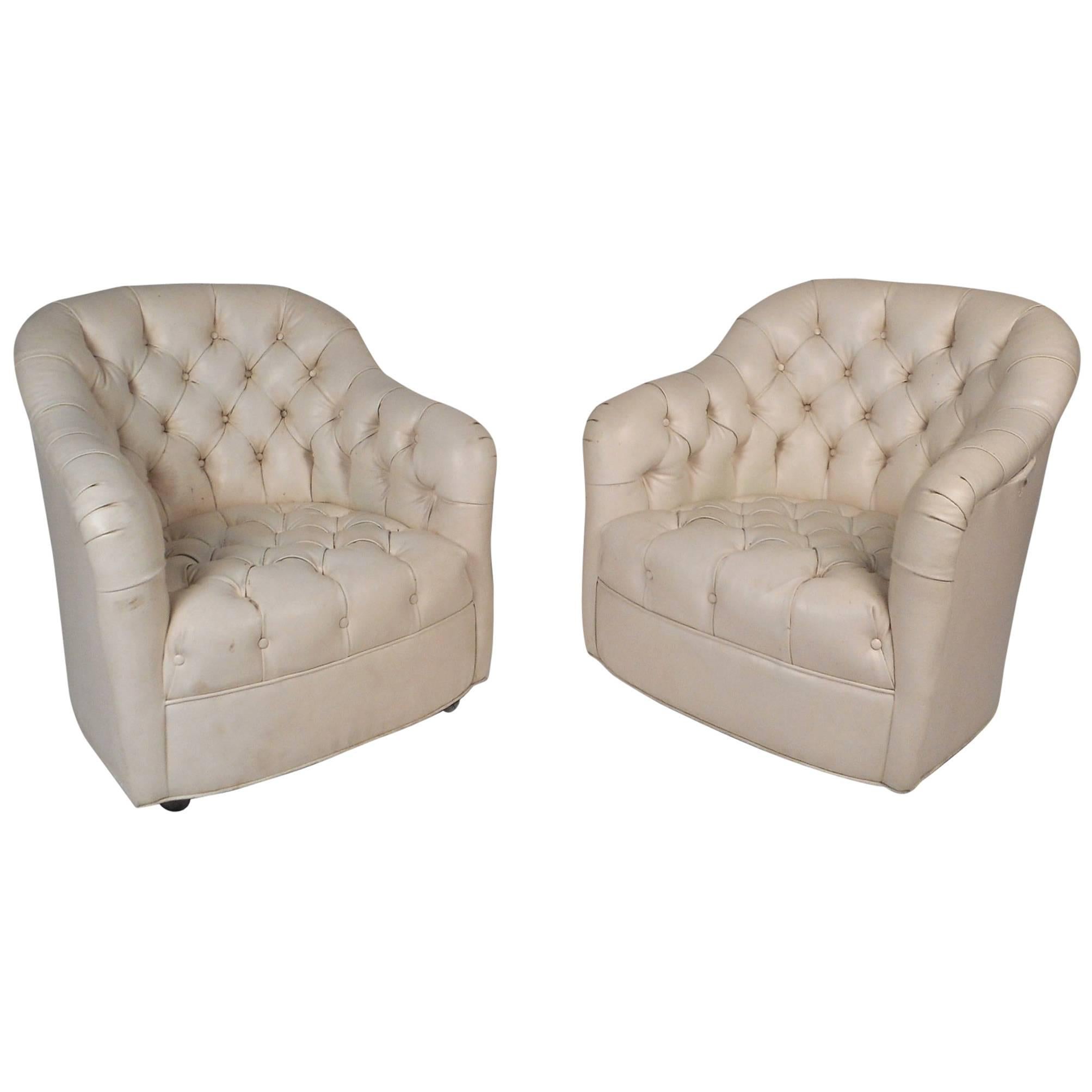 Pair of Mid-Century Modern Tufted Vinyl Lounge Chairs For Sale