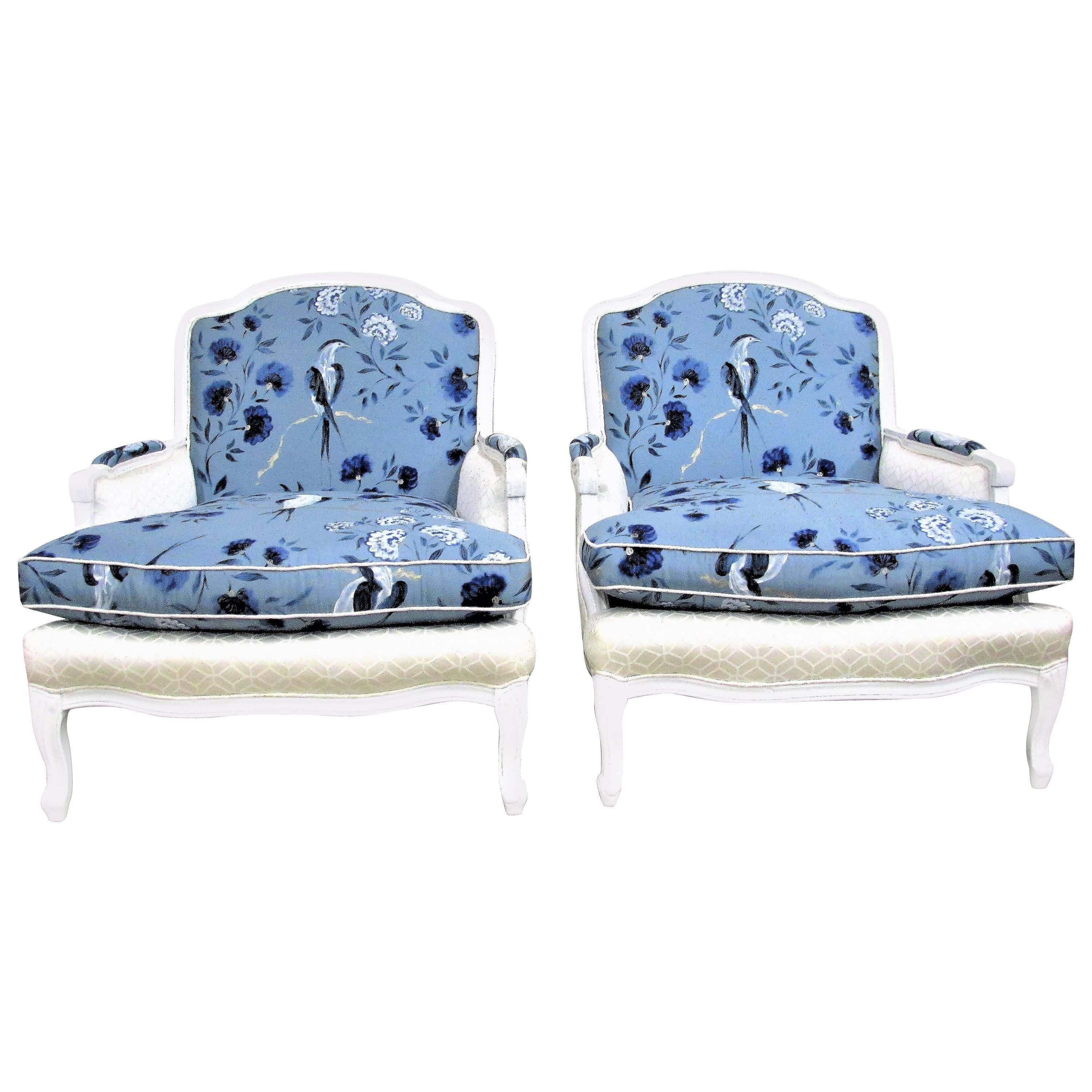 Pair of French Bergère Armchairs in White Lacquer and Designers Guild Jacaranda For Sale