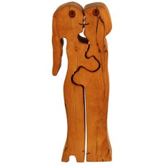 Midcentury Carved Wood Puzzle Sculpture of Embracing Couple