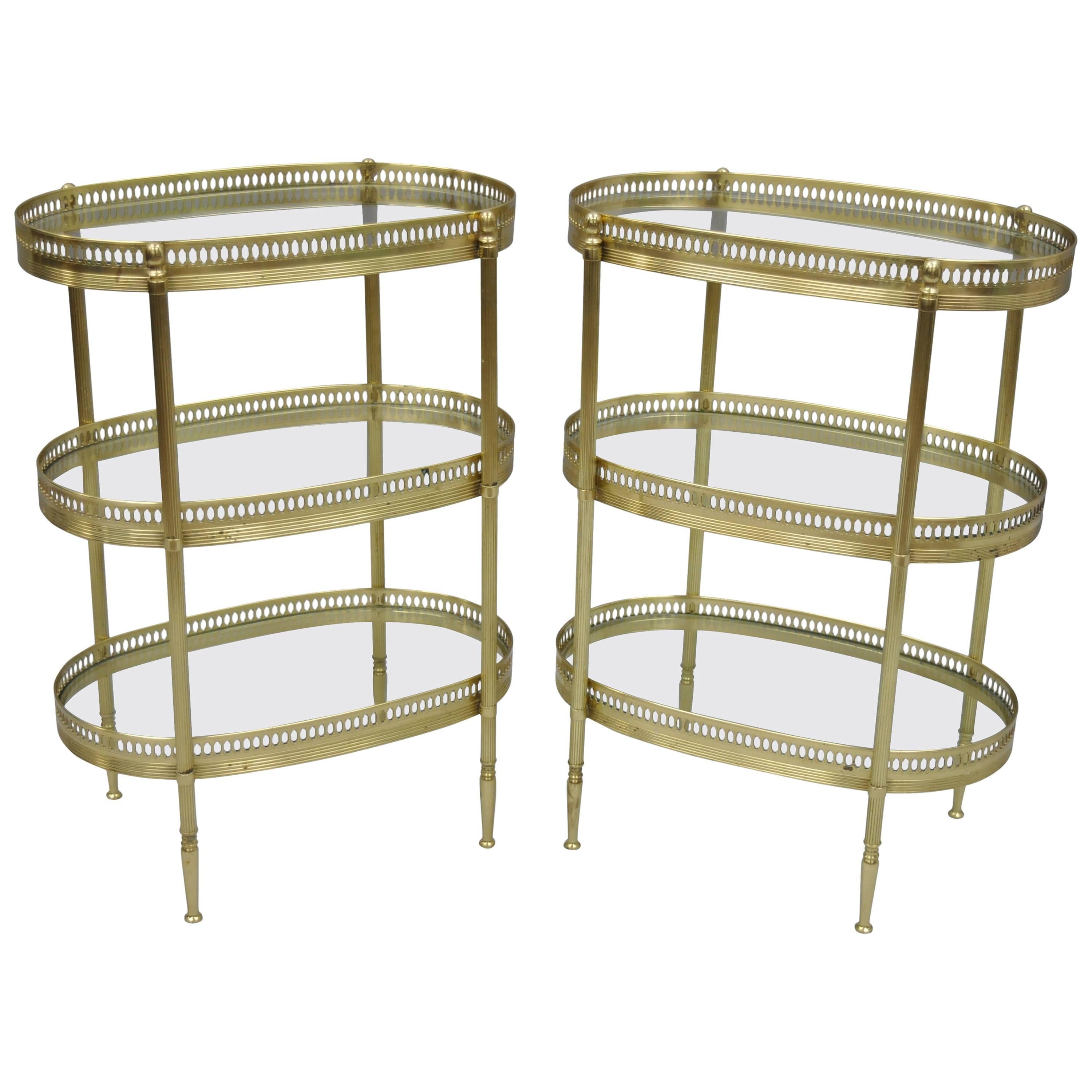 Petite Pair French Oval Brass Three-Tiered Small Side Tables after Maison Jansen