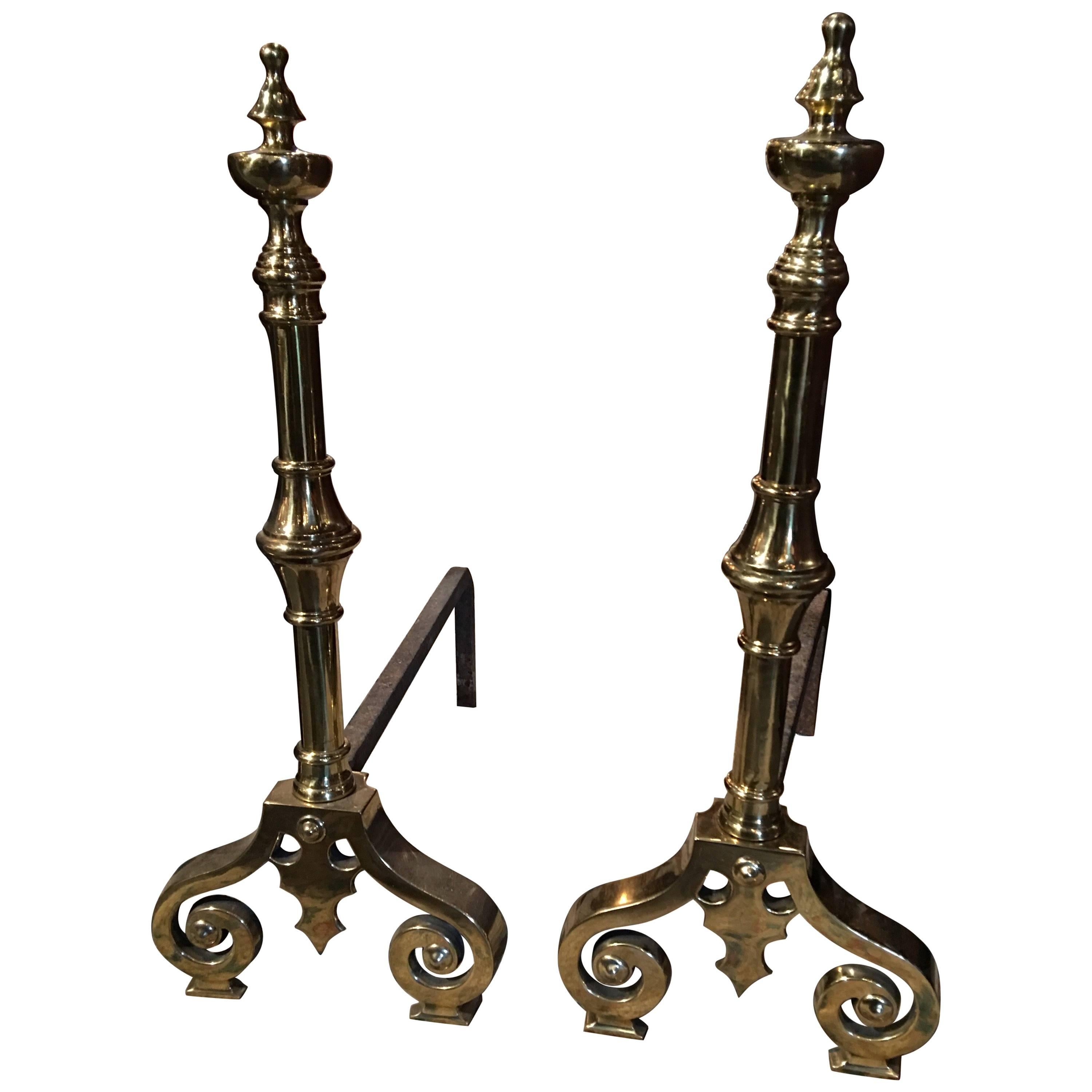 Pair of Polished Brass Chenets or Andirons with Decorative Scrolls, 19th Century For Sale