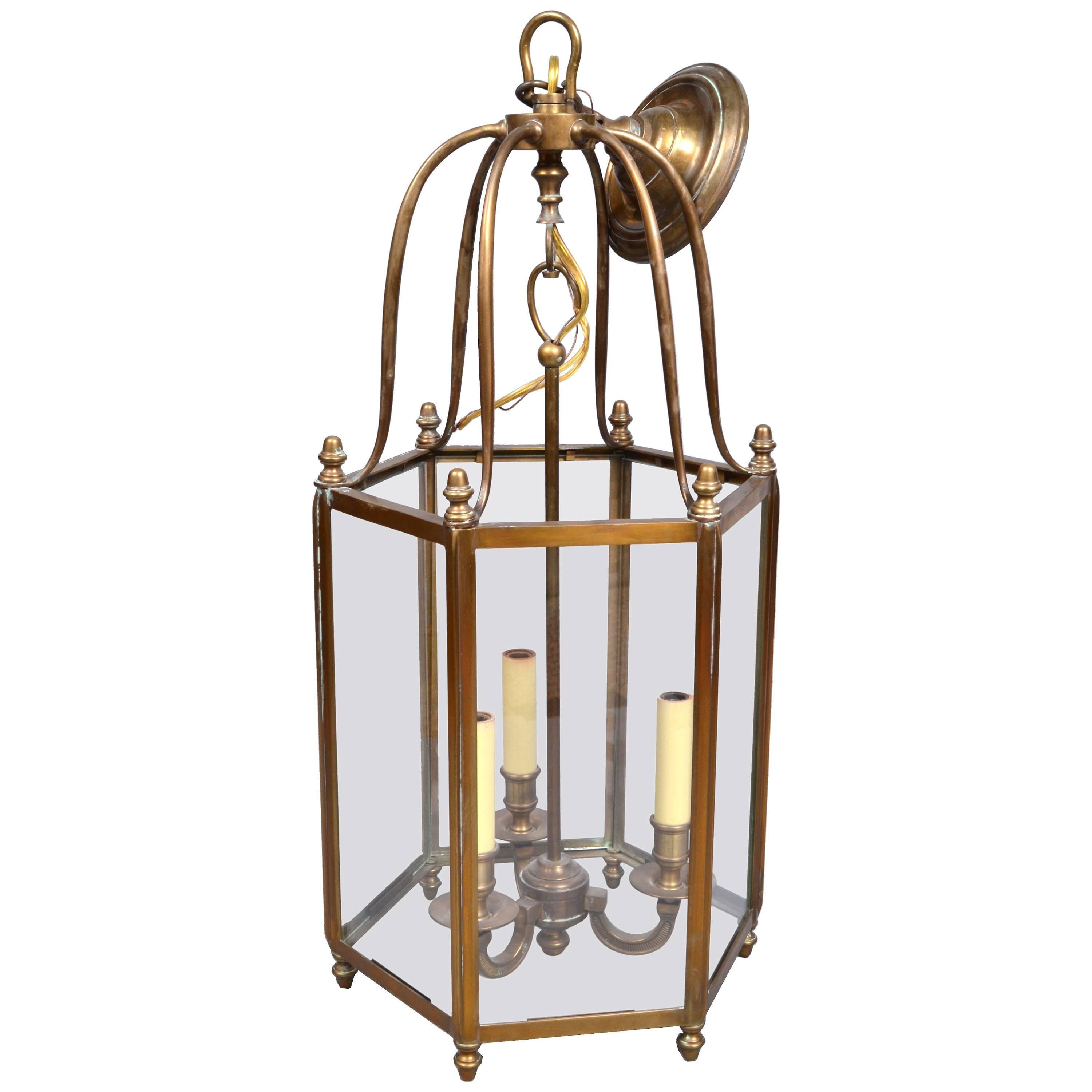 Rustic Brass and Glass Lantern Three-Light Hall Lantern Hollywood Regency 