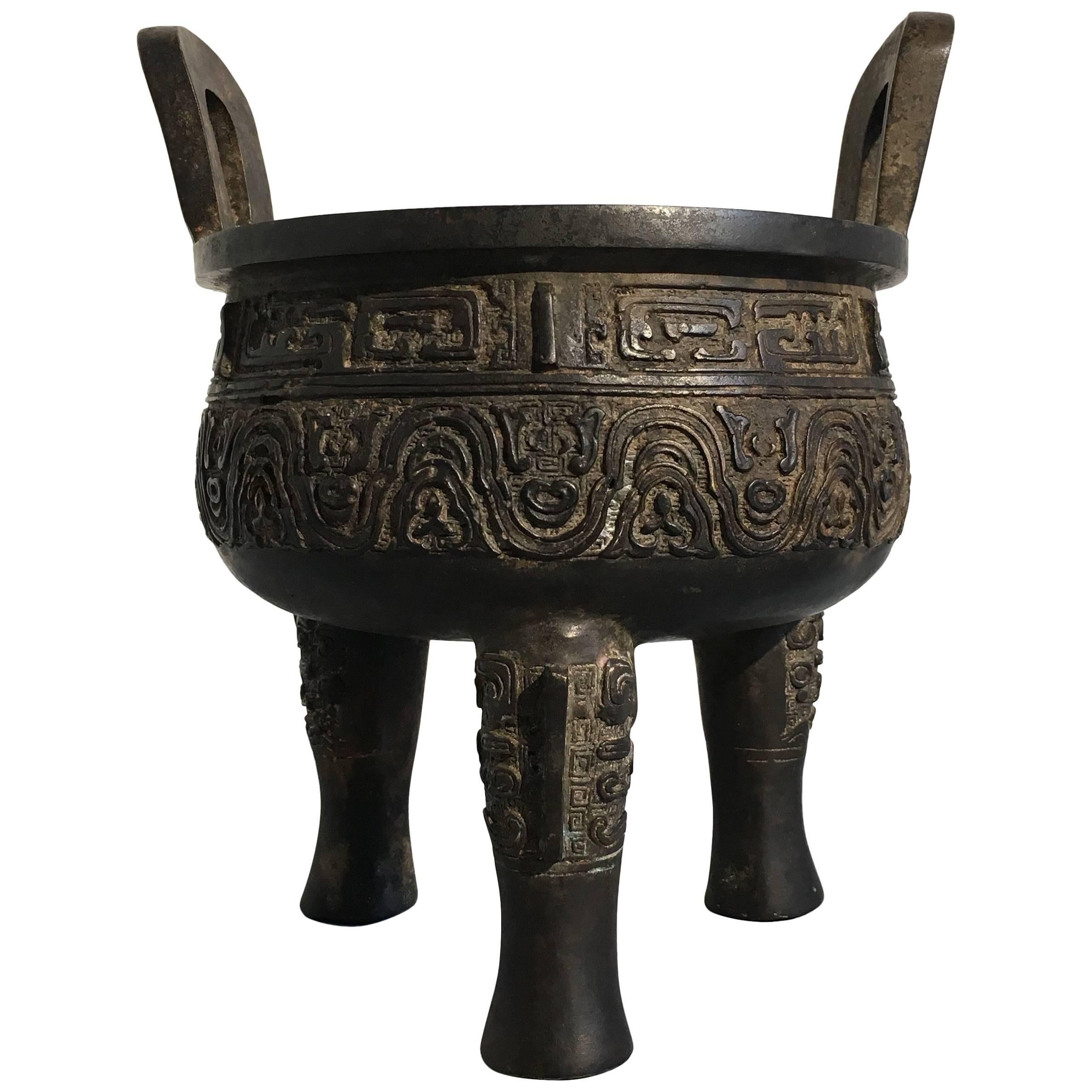 20th Century Chinese Cast Bronze Ding Tripod Censer