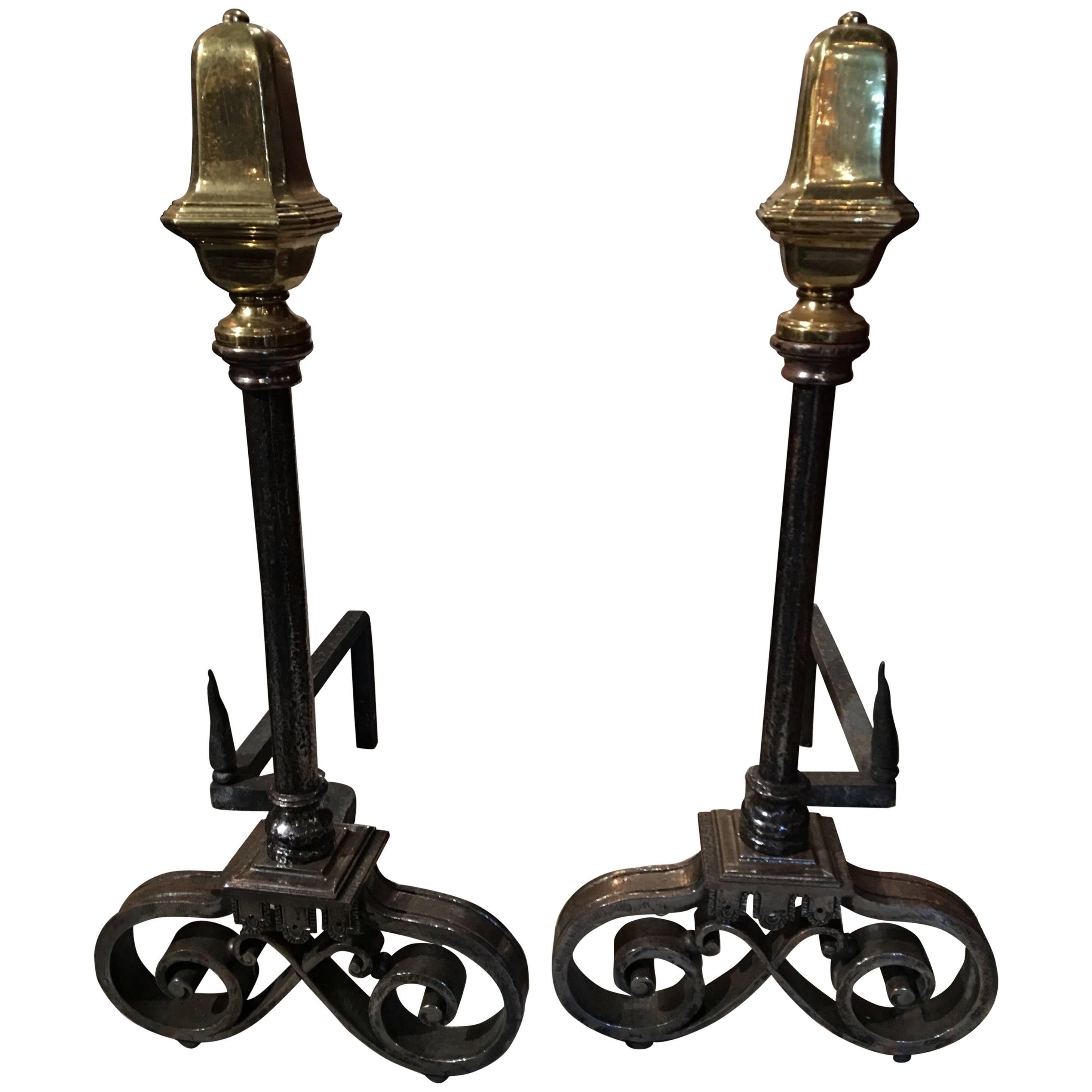 Pair of Polished Iron and Brass Chenets or Andirons, 19th Century For Sale