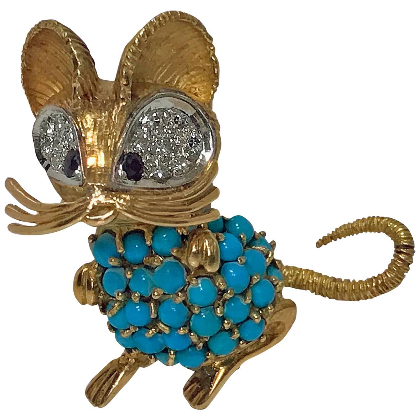 1970s Mouse Pin 18-karat Diamond Turquoise and Sapphire