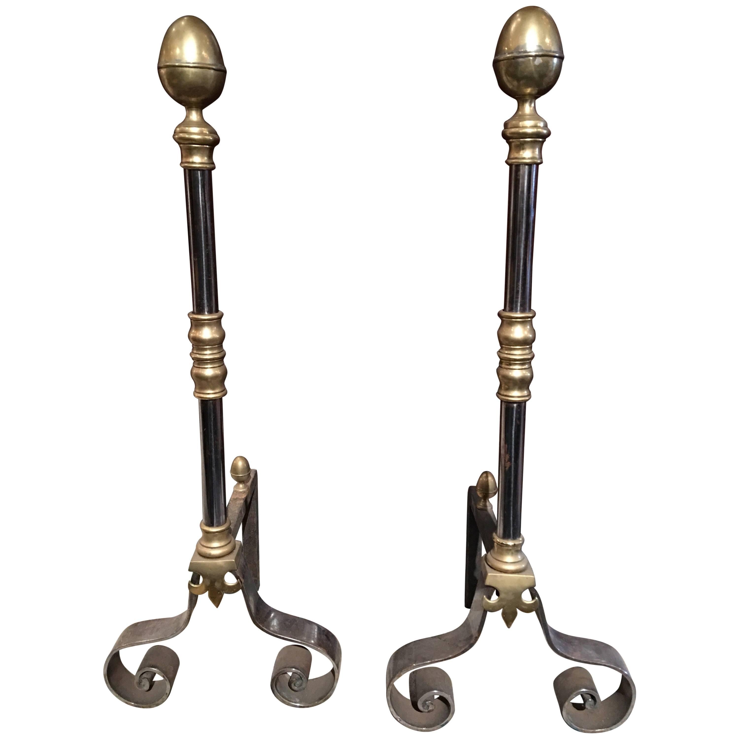 Pair of Iron and Brass Chenets or Andirons, 19th Century For Sale