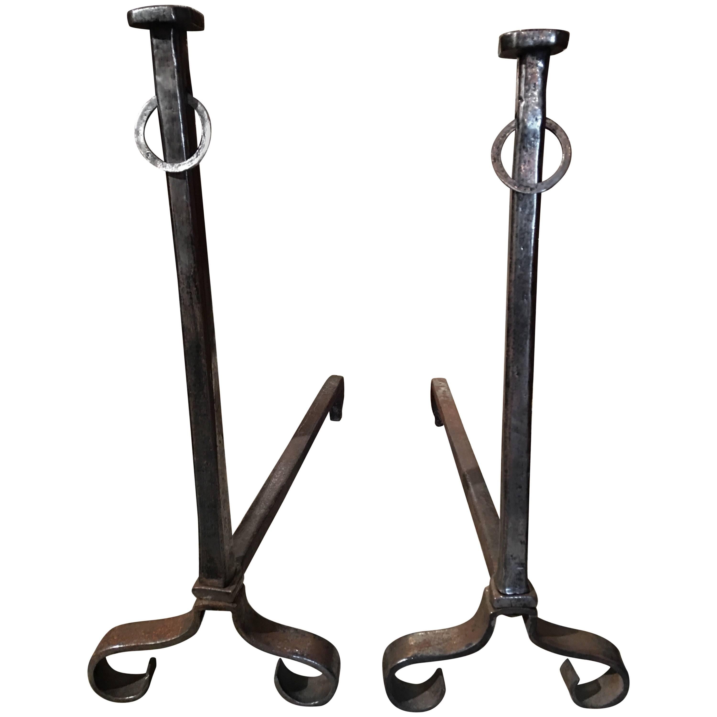 Pair of Iron Chenets or Andirons with a Decorative Ring, 19th Century For Sale